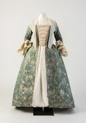 Blue and cream woven silk open robe with ruched robings, 1750s